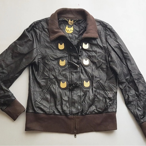 Azona AO2 MEOW MEOW Y2K Leather Varsity Jacket Toby Black Cat & Toggle Buttons S - Picture 1 of 14